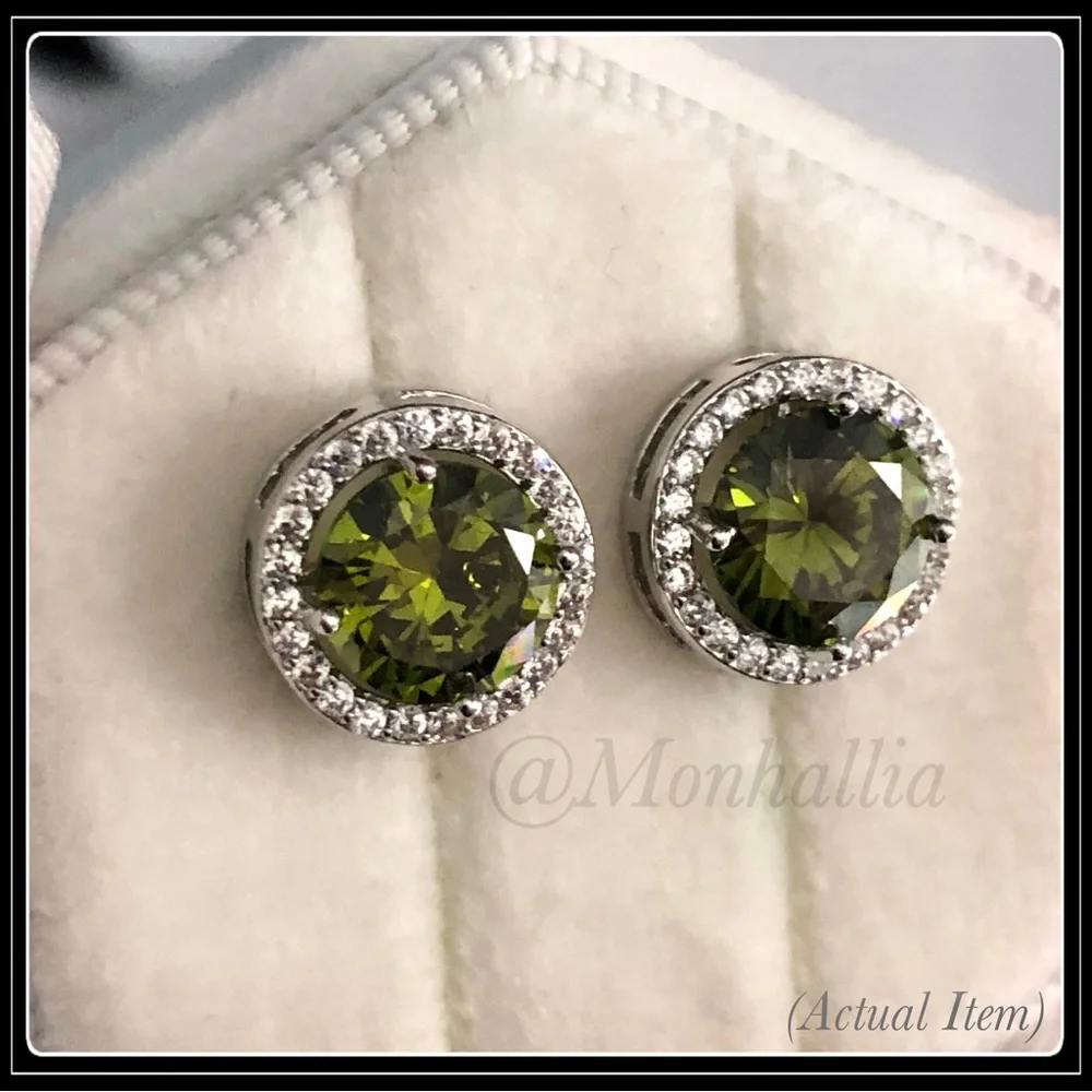 Clearance! NEW PERIDOT GREEN & SIMULATED DIAMOND HALO ROUND EARRINGS